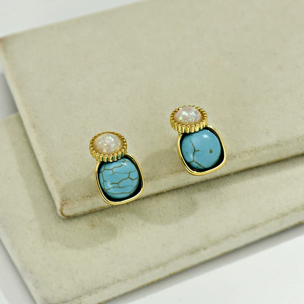 Vintage Palace Turquoise White Opal Resin Earrings Silver Post